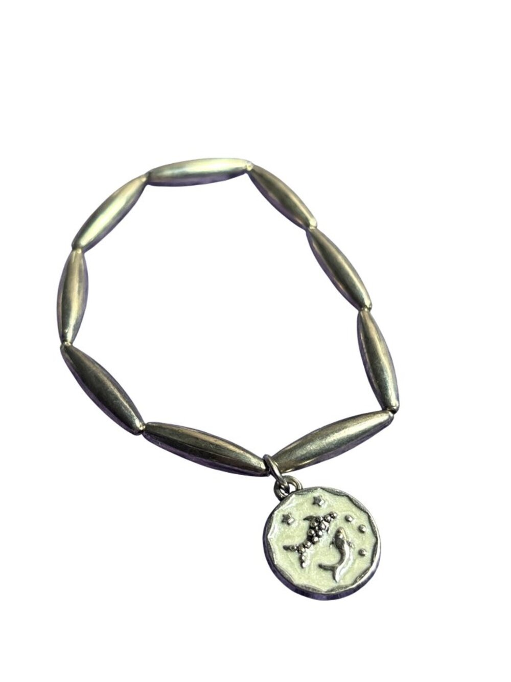 Pisces Zodiac Charm Bracelet Silvertone Cream Enamel Beaded Stretchy